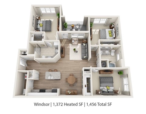 Floor plan for 3 beds, 2 baths, 1372 sqft